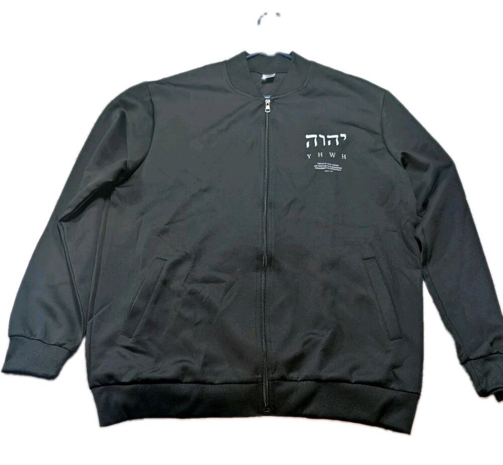 Men's XL Black Polyester Full Zip Sweatshirt Jacket YHWH Graphic Pockets